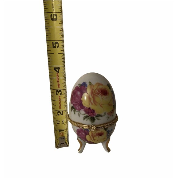 Vintage Porcelain Egg Hinged Trinket Box Yellow Rose Footed Gold Accents 3.5" - Picture 2 of 10
